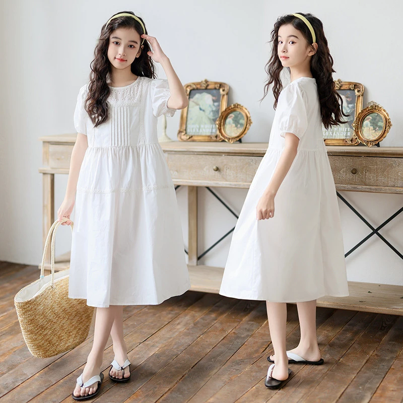 洋气时髦童装女童夏装连衣裙白色时尚宽松学生中长款收腰公主裙棉