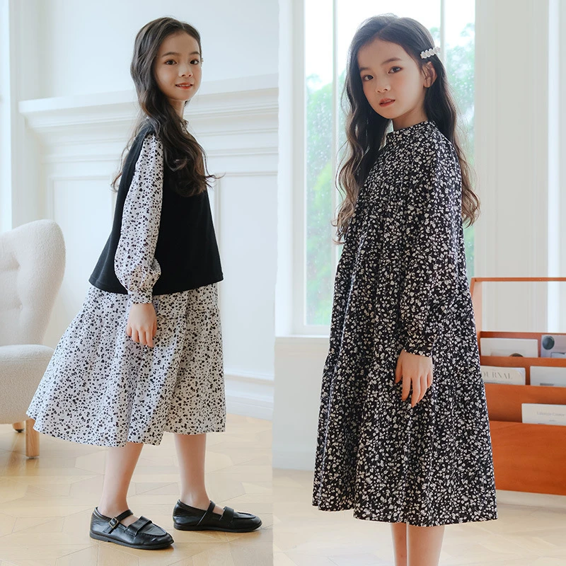 2024春季新款女童洋气碎花连衣裙中大童亲子长袖中长款森系蛋糕裙