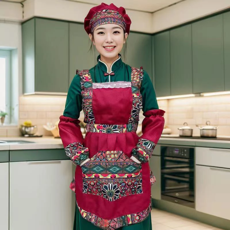 2024新款民族家用碎花时尚复古中国中式花纹荷叶防水防油围裙袖套