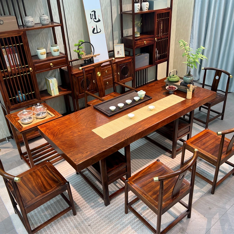 【通文馆】新中式茶桌黑黄檀实木大板办公室家用客厅禅意茶桌椅