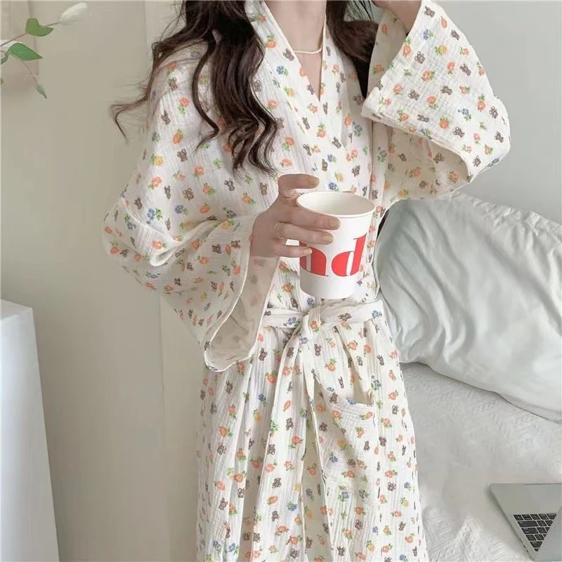 日式和服长袖浴袍可爱小熊浴裙女秋季长款浴衣休闲家居服可外穿