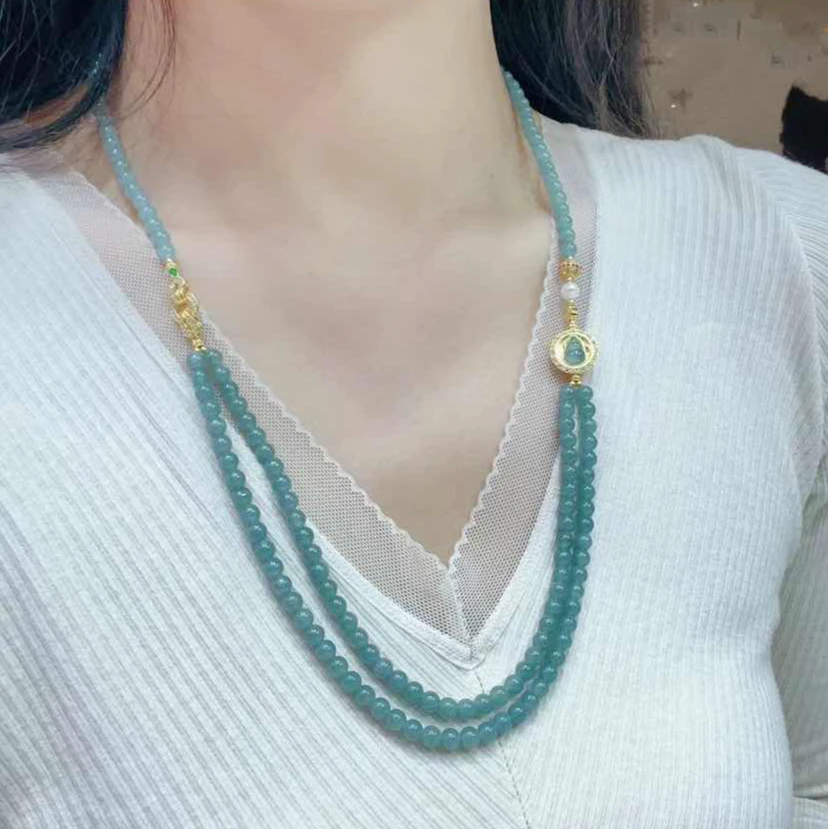 【周老板】“莫兰迪”天然蓝水翡翠套链银镀金镶嵌