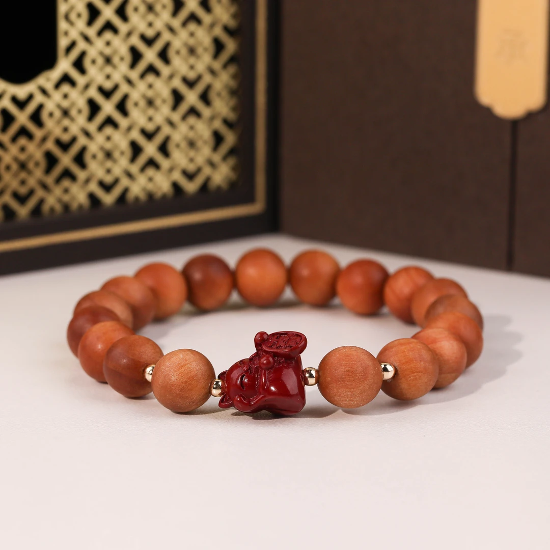 七阅 非金属木质手链 天然木质圆珠手串朱红招咪猫时尚手链女款