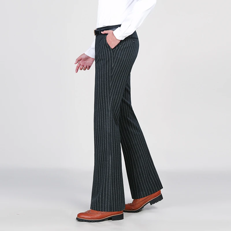 冬季厚款条纹喇叭裤男商务修身弹力阔腿大脚西裤青年休闲保暖男裤