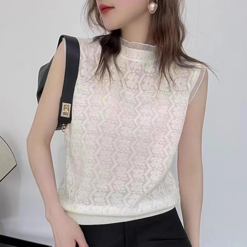 半高领蕾丝白色木耳领西装内搭夏季镂空打底衫女洋气百搭无袖背心