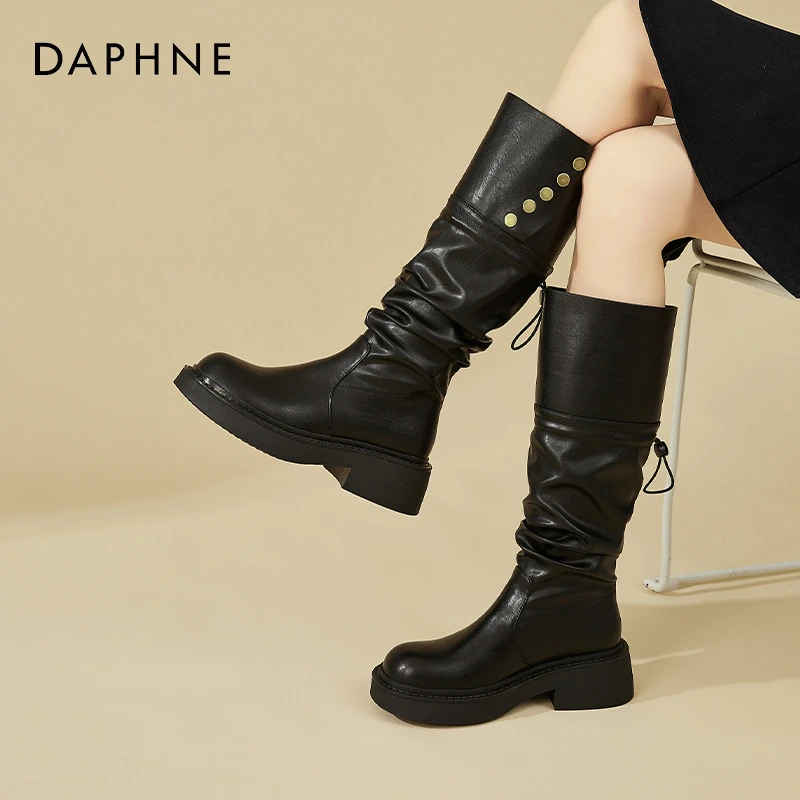 达芙妮女鞋春季新款美拉德长筒靴两穿堆堆靴厚底可翻折骑士长靴子
