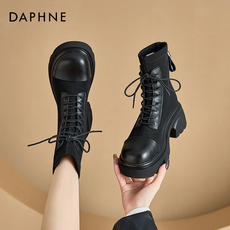 达芙妮英伦风马丁靴女冬季新款厚底弹力靴时尚瘦瘦靴粗跟百搭短靴