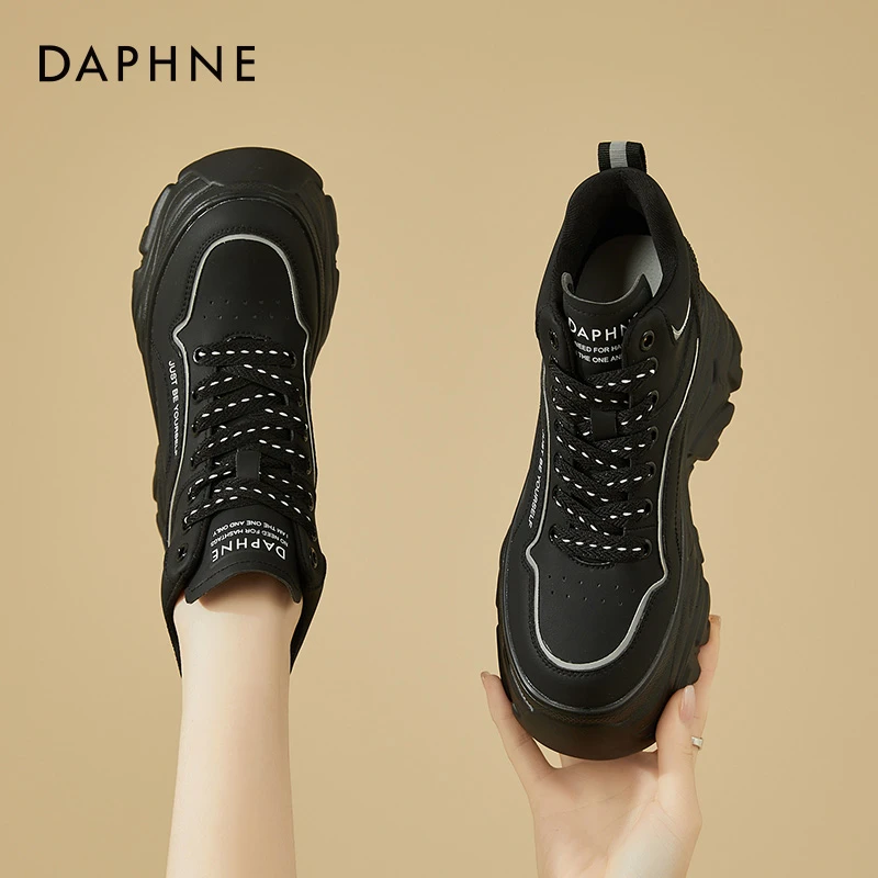 DAPHNE达芙妮高帮老爹鞋女加绒春季时尚百搭厚底内增高松糕休闲鞋