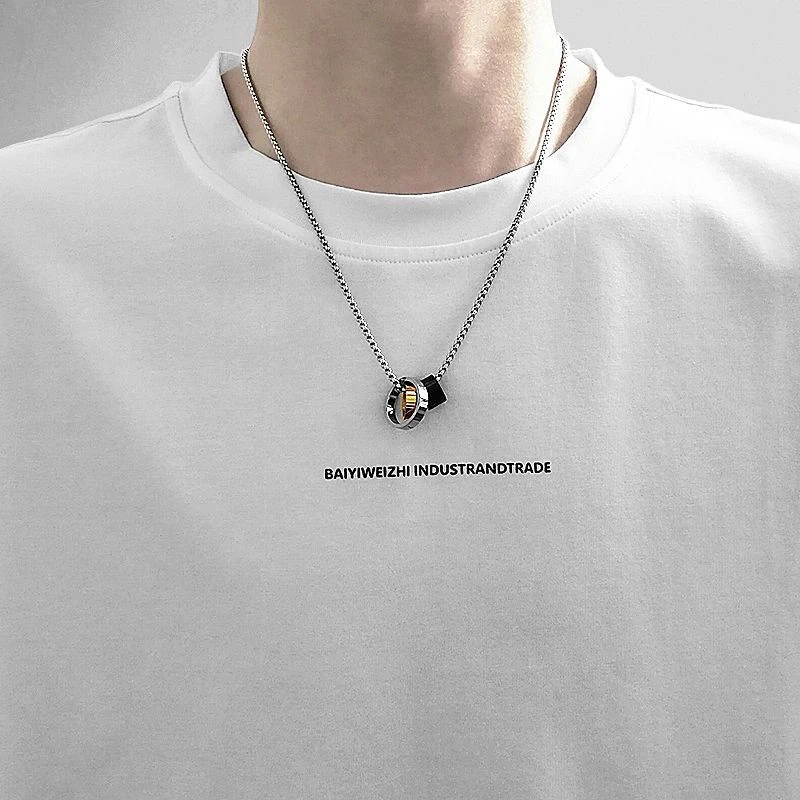 钛钢项链 新款项链三色指环吊坠锁骨链简约配饰品男女情侣毛衣链