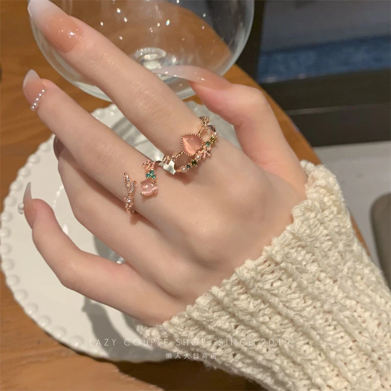 少女系粉色爱心双层叠戴戒指女ins高级感时尚指环开口温柔