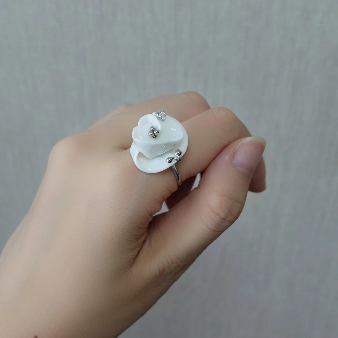 合金陶瓷戒指 【茉莉冰白戒指】手作开口戒指景德镇陶瓷工艺