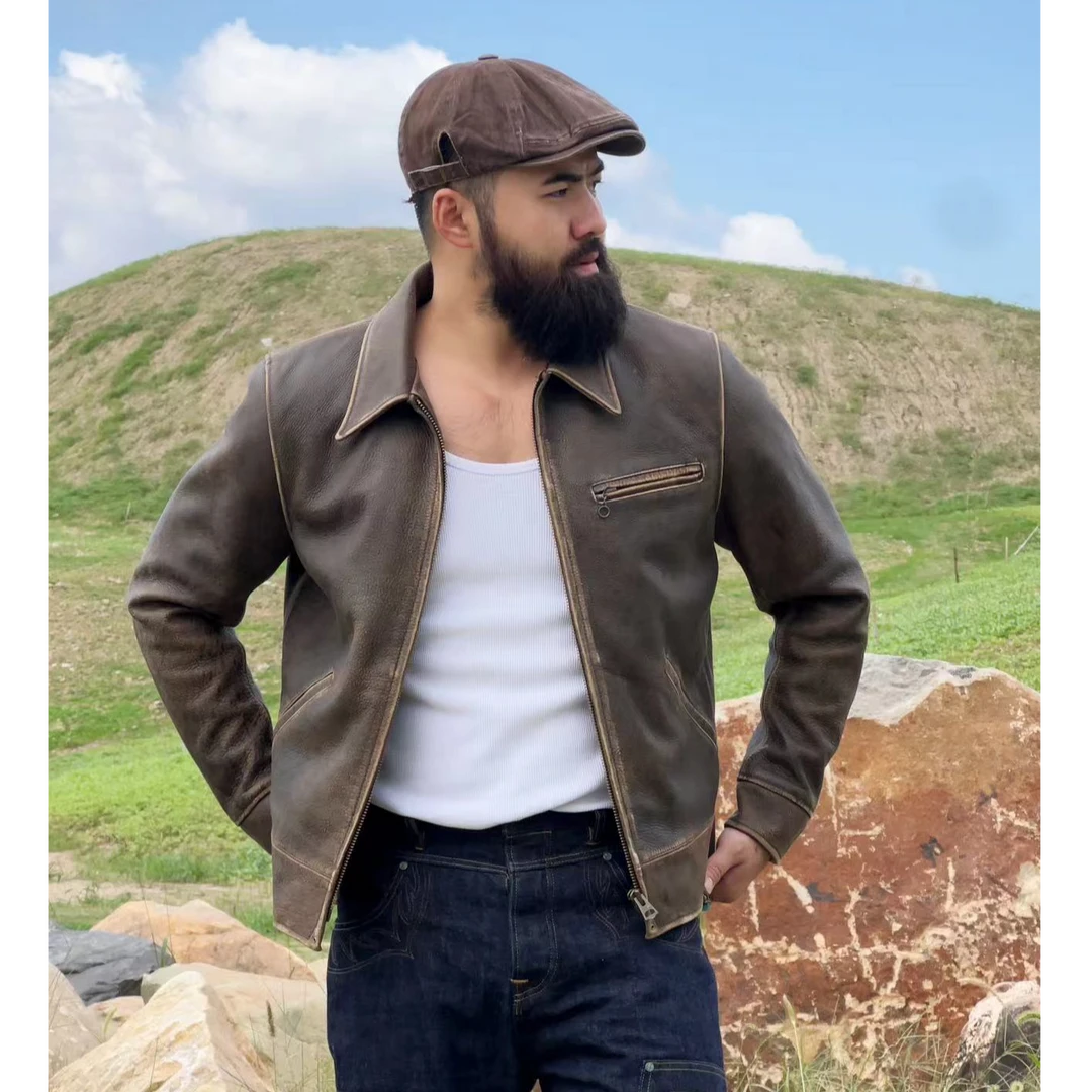 特叔皮衣 1930水洗头层牛皮皮衣 休闲真皮翻领春秋时尚修身