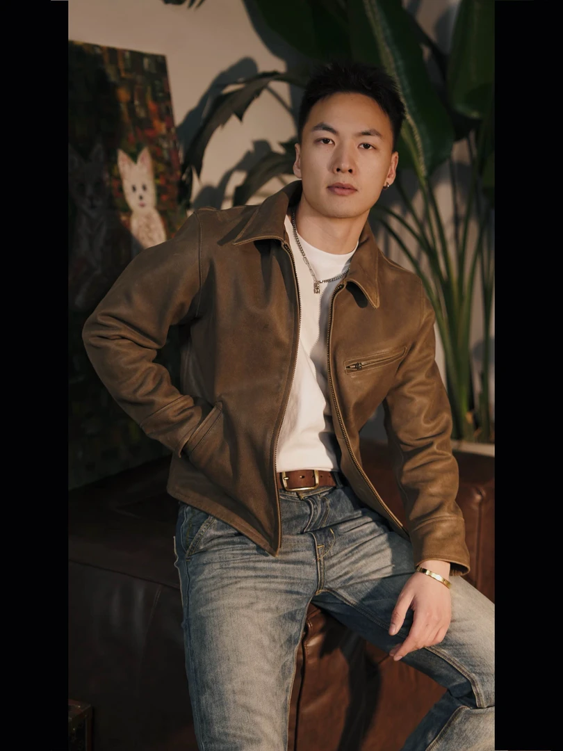 特叔皮衣 原生态牛皮皮衣 金巴利休闲真皮翻领春秋时尚修身