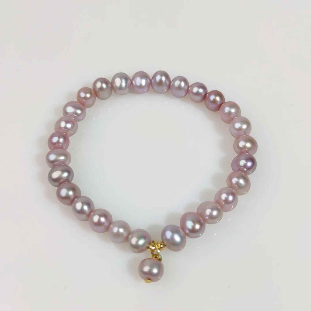 【紫叮当】6mm天然淡水无核珍珠紫色全珠弹力绳手串0368