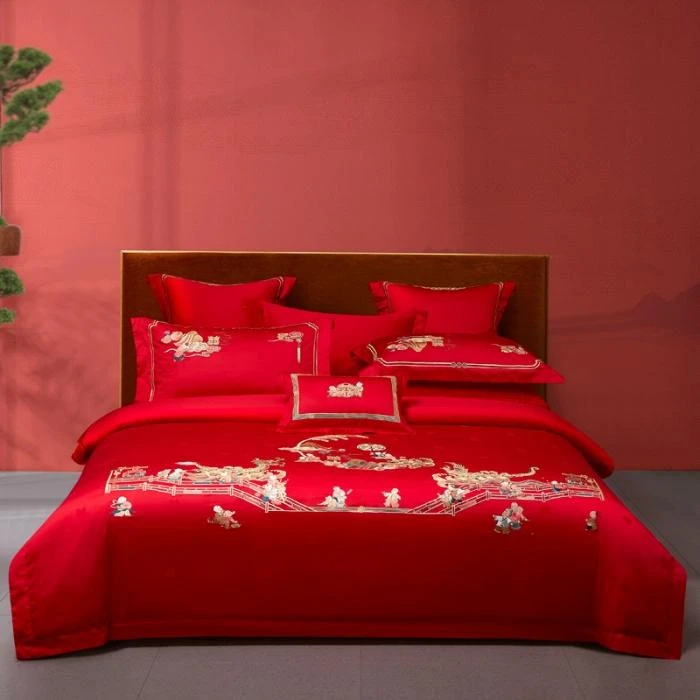 婚庆大红色四件套全棉刺绣结婚喜庆 百子纳福