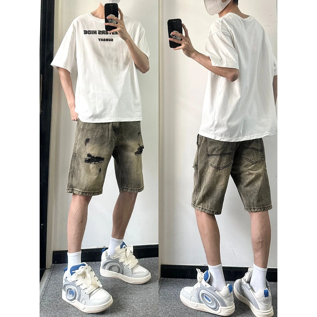 美式复古黄泥破洞牛仔短裤男夏季高街薄款中裤潮牌宽松男士五分裤