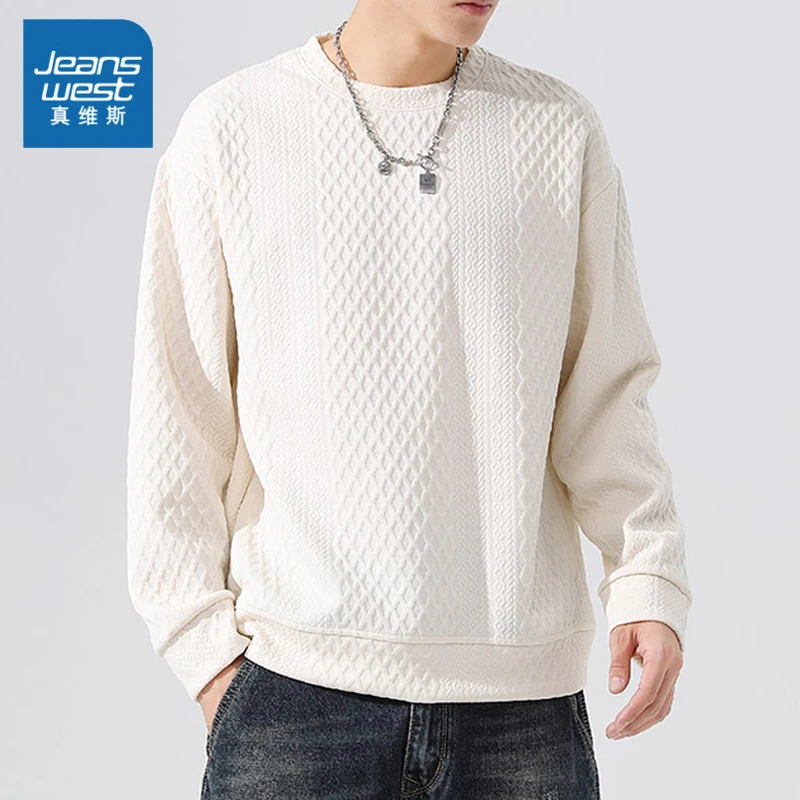 Jeanswest/真维斯春秋款圆领卫衣2025新款男装内搭华夫格长袖t恤