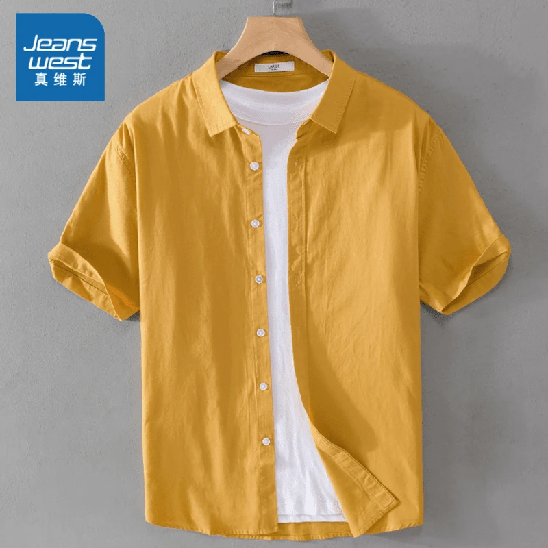 Jeanswest/真维斯男士新款短袖衬衫夏季薄款时尚休闲半袖衬衣服男