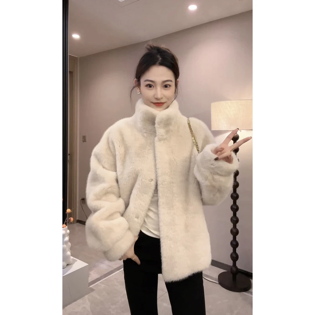 新款皮毛一体外套冬季立领加厚环保毛毛外套短款上衣