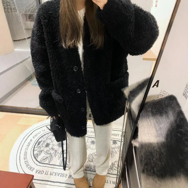 EQEDV领羊仿羔毛外套女秋冬季毛毛大衣羊羔绒皮毛一体时尚宽松