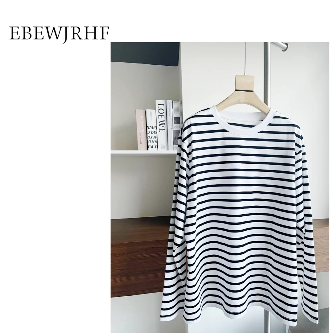 EBEWJRHF2023秋季时尚休闲百搭设计师黑白条纹长袖T恤春秋333655