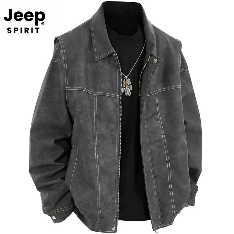 JEEPSPIRIT吉普皮衣男士秋季新款假两件宽松翻领皮夹克外套上衣