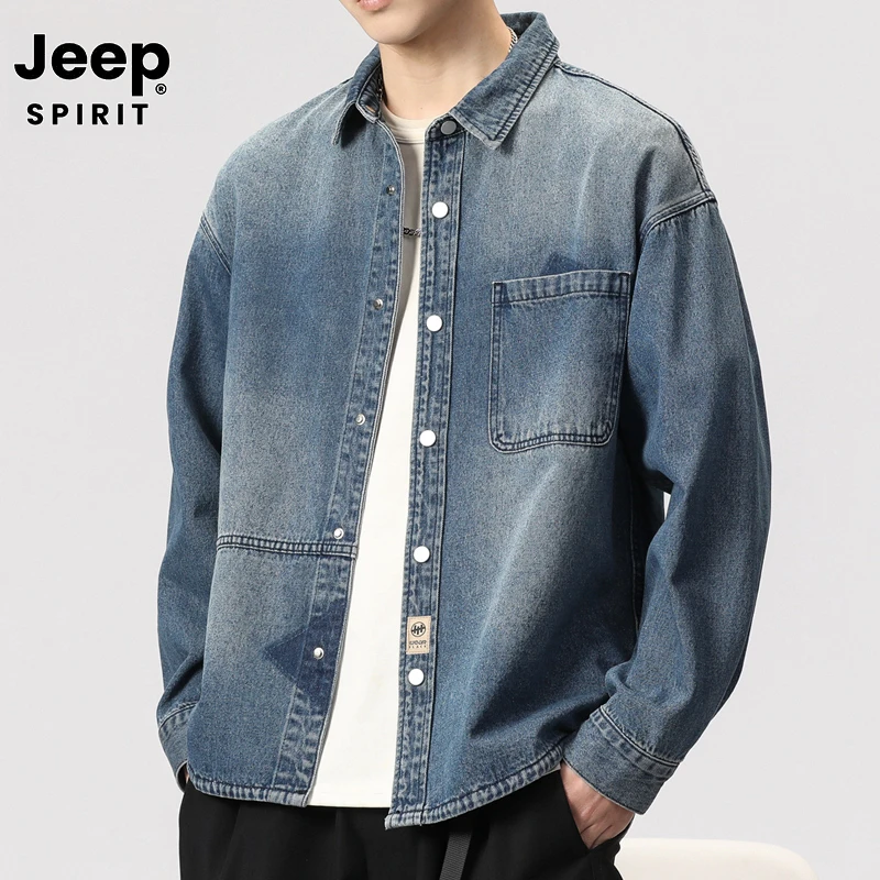 JEEPSPIRIT吉普男士春季衬衫男款宽松休闲牛仔外套男春秋新款衬衣
