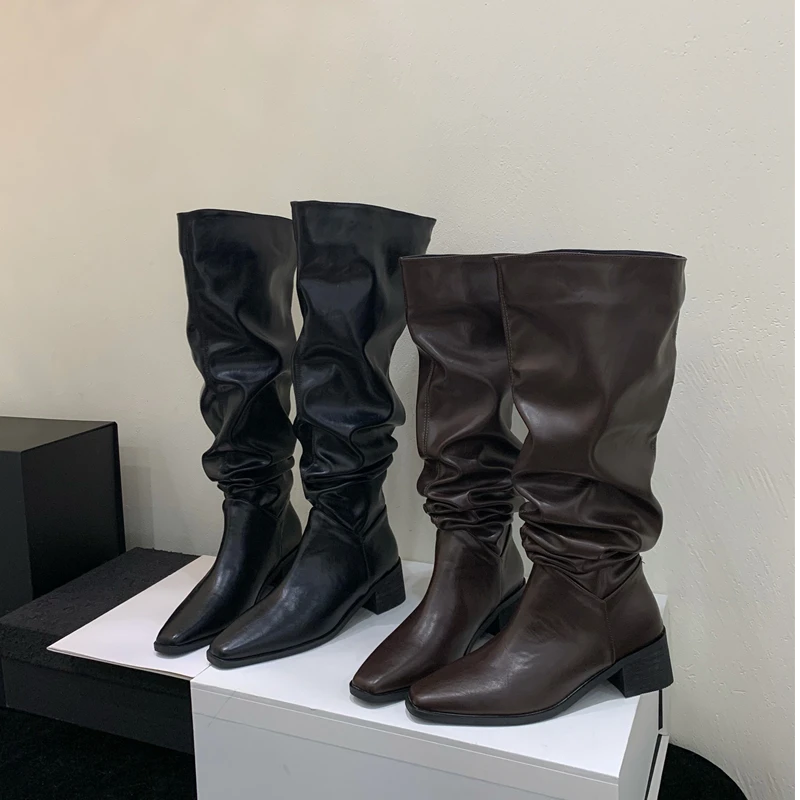 【Ali Lovers】英伦风骑士靴2024新款方头粗跟长靴不过膝褶皱堆堆靴