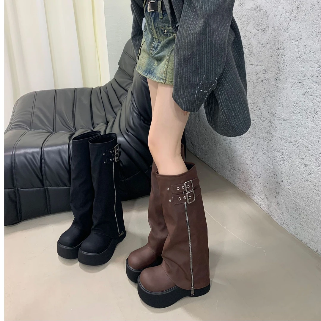 【Ali Lovers】法式复古厚底圆头长筒靴2024新款拉链外穿不过膝百搭