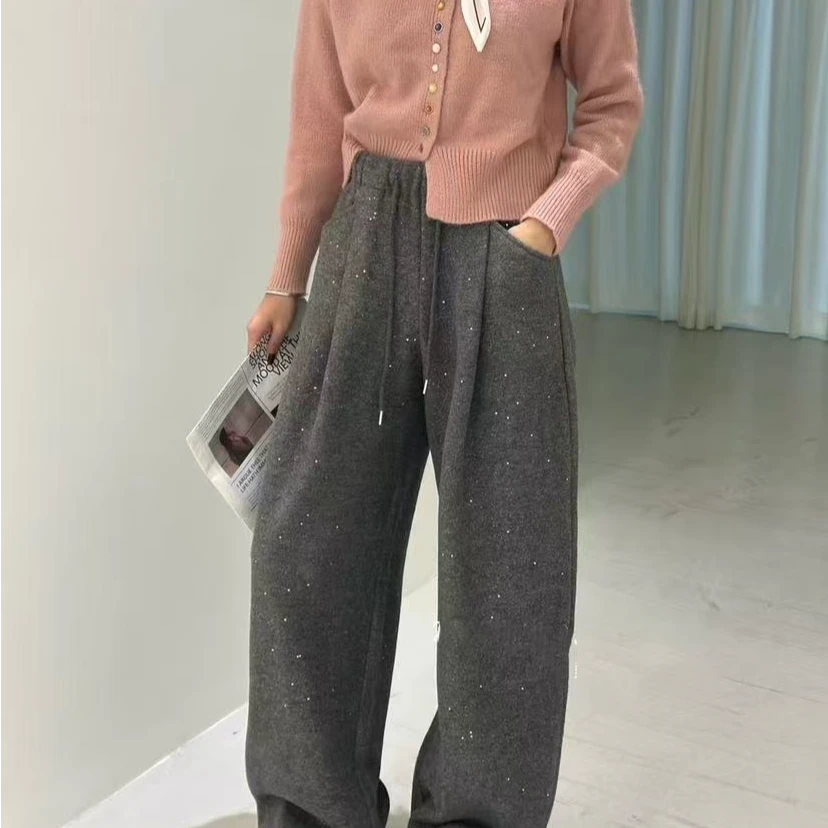 韩版潮流洒银工艺显瘦裤休闲裤小众阔腿宽松气质时尚9583