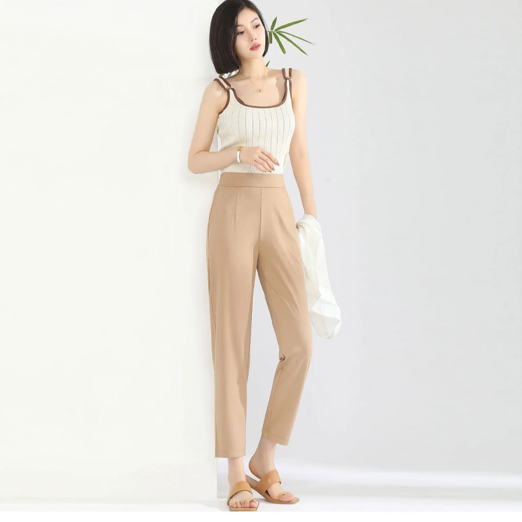 夏天新款通勤简约八分休闲裤夏季舒适显瘦中高腰烟管小直筒薄款