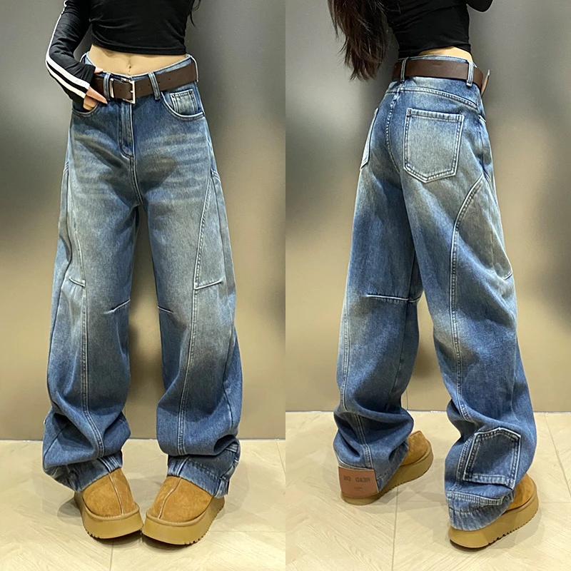 复古反穿倒装阔腿牛仔裤女2025冬季新款时尚设计感加绒加厚直筒裤