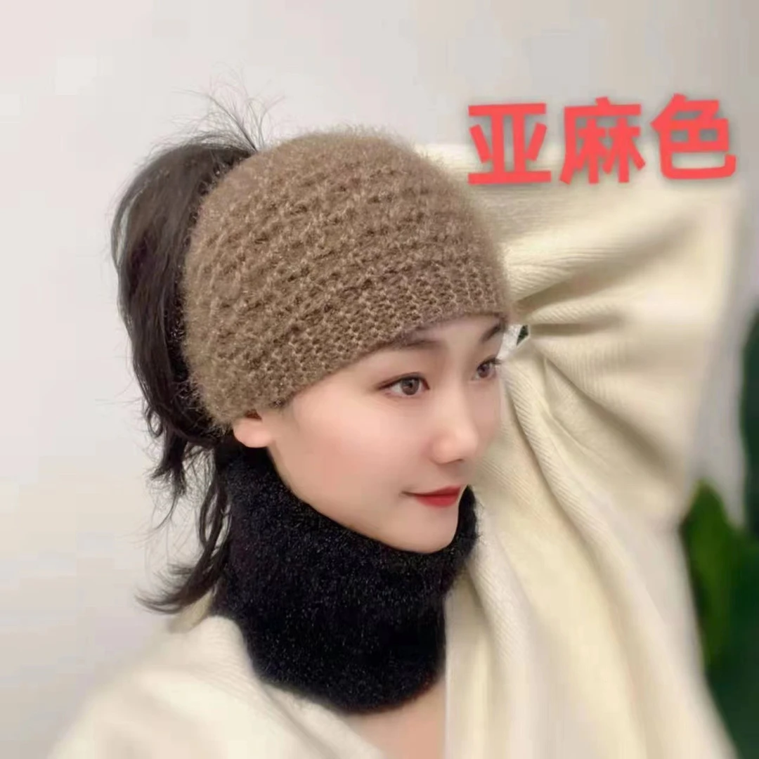 高档手工编织秋冬针织护耳保暖头巾帽发带毛线包头帽子遮白发发饰