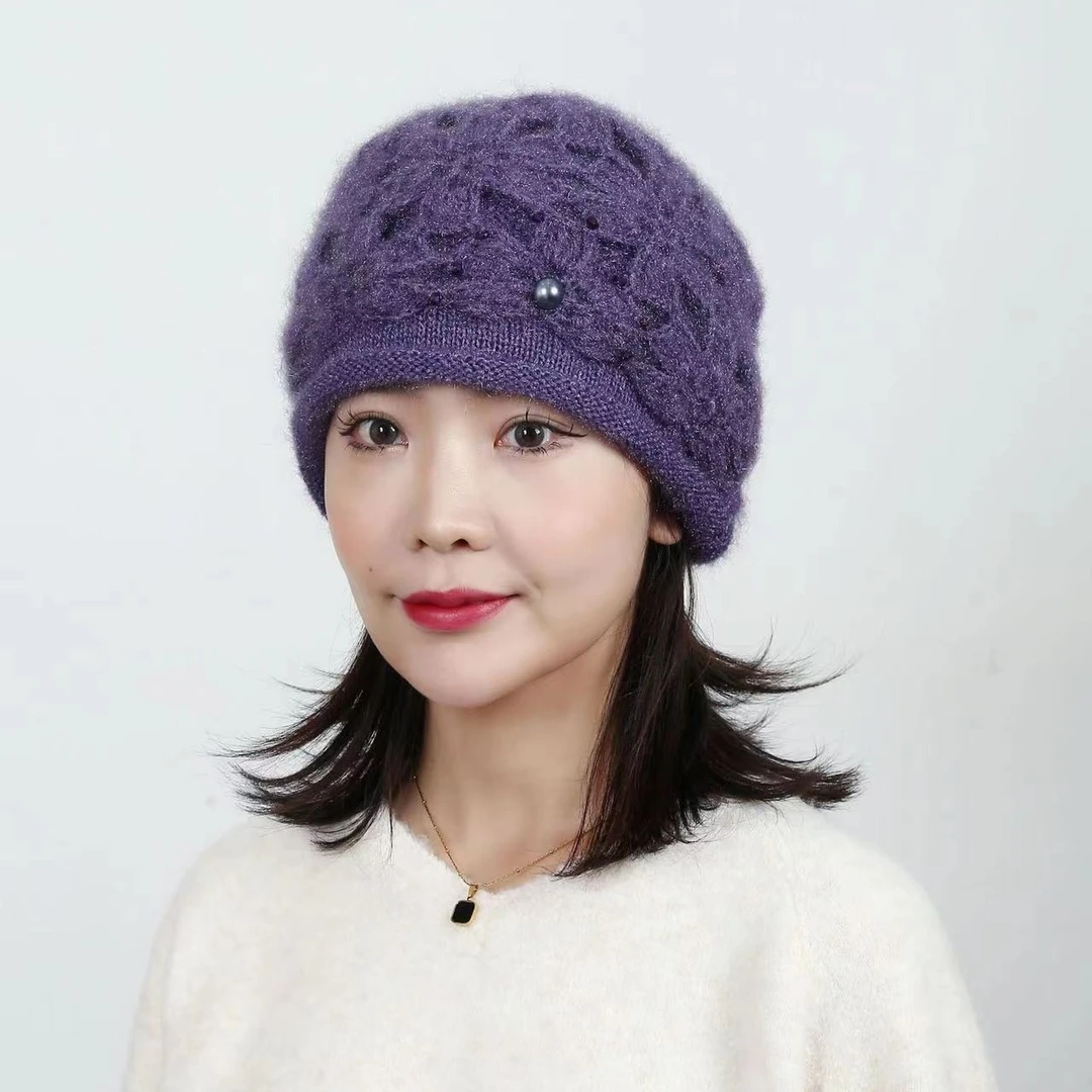 时尚款手工手钩花女士针织帽子帽花朵双层堆堆帽卷边帽毛线包头帽