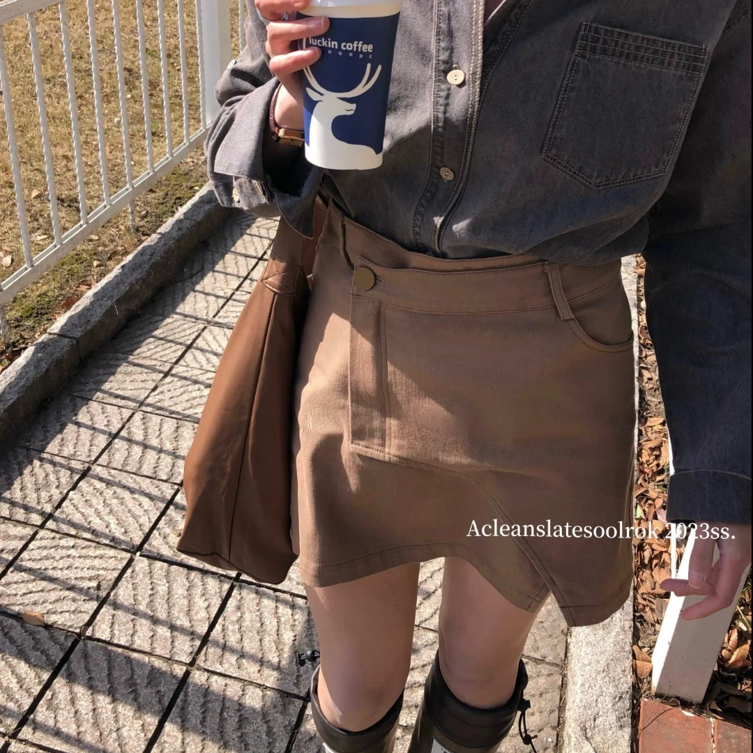 soolrok 松未韵一 卡其不规则直筒半身裙女设计感修身显瘦a字裙
