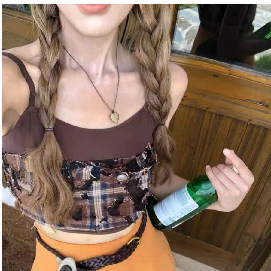 青 soolrok 松未韵一 设计感格纹拼接小吊带夏季小众别致短款上衣