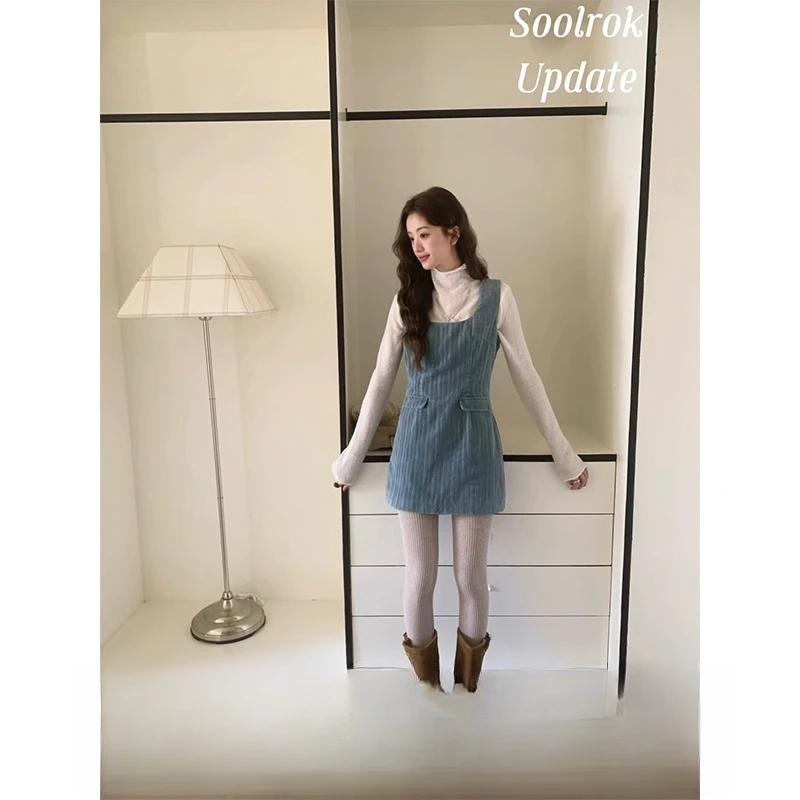 soolrok 松未韵一 设计感立体坑条蓝色灯芯绒背心裙叠穿收腰短裙