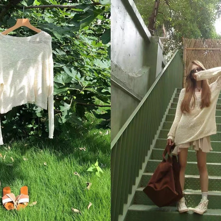 青 soolrok 松未韵一  长短款镂空针织衫女宽松慵懒风长袖上衣