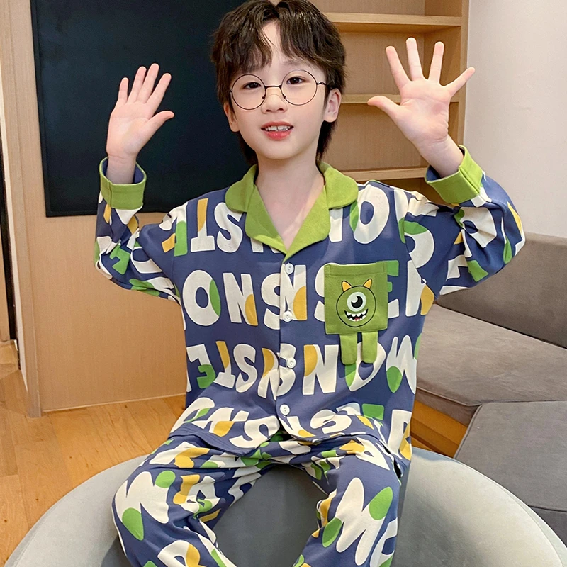儿童睡衣中大童春秋薄款纯棉长袖套装卡通大眼仔青少年男孩家居服