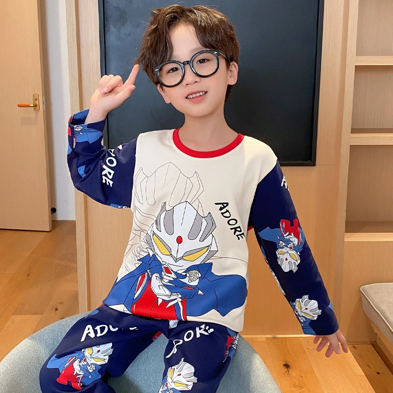 纯棉睡衣春秋款男童长袖儿童圆领中大童披风奥特曼男孩家居服套装