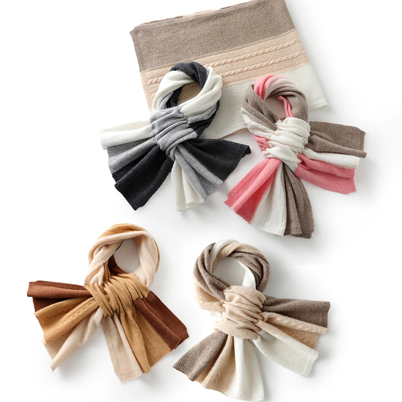 秋冬季拼色条纹百搭针织羊绒围巾女士双面保暖韩版加厚