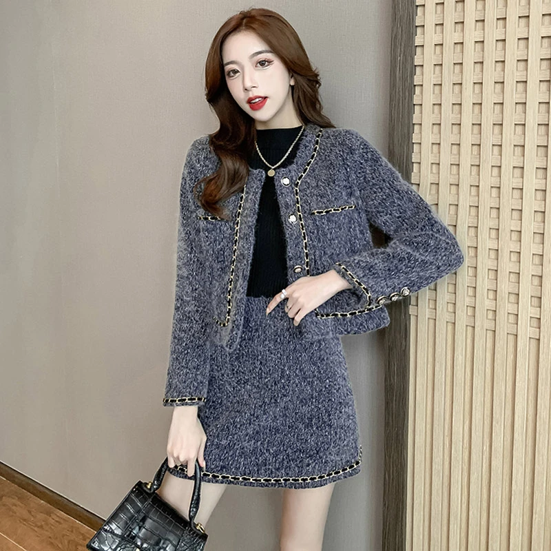 高级感轻奢小香风两件套裙装冬季小个子端庄气质短外套+a字裙套装