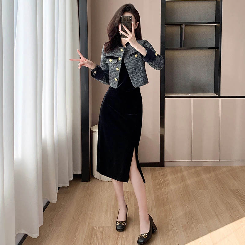 高端小香风立领外套女秋冬套装丝绒开叉吊带裙高级感一步裙两件套