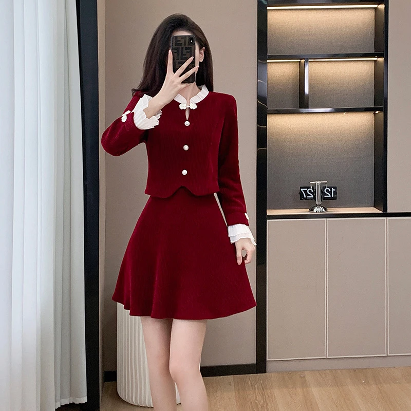 新中式盘扣灯芯绒长袖外套半身裙套装女春秋时尚气质两件套裙显瘦