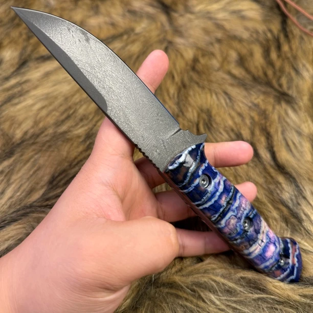 缤铁雪花乌兹钢锻造多功能户外手把肉刀