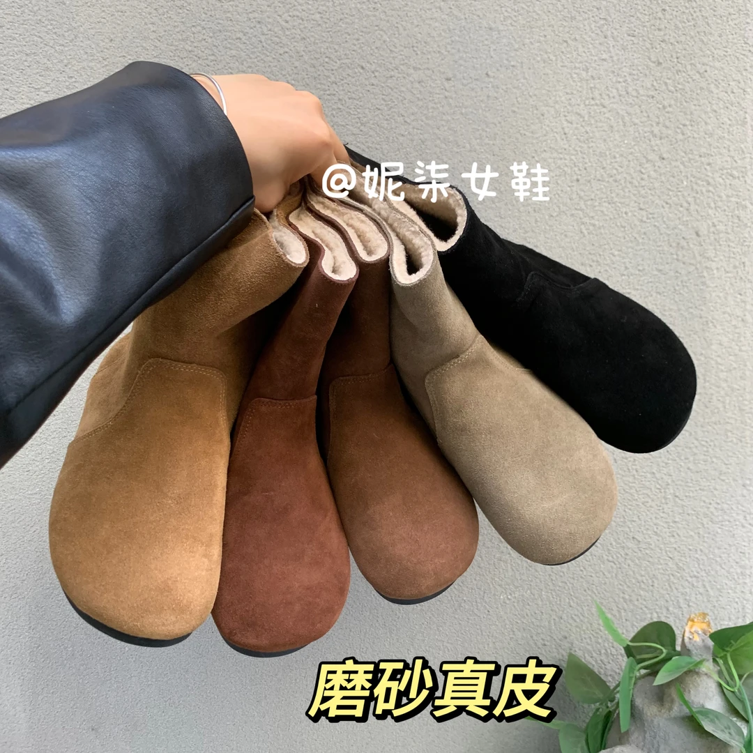 东大门韩版磨砂真皮套筒小短靴2024秋冬季加绒复古百搭软底勃肯靴