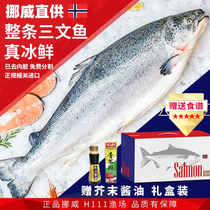 进口挪威冰鲜整条三文鱼刺身  大西洋鲑鱼 新鲜切片中段肉腩礼盒