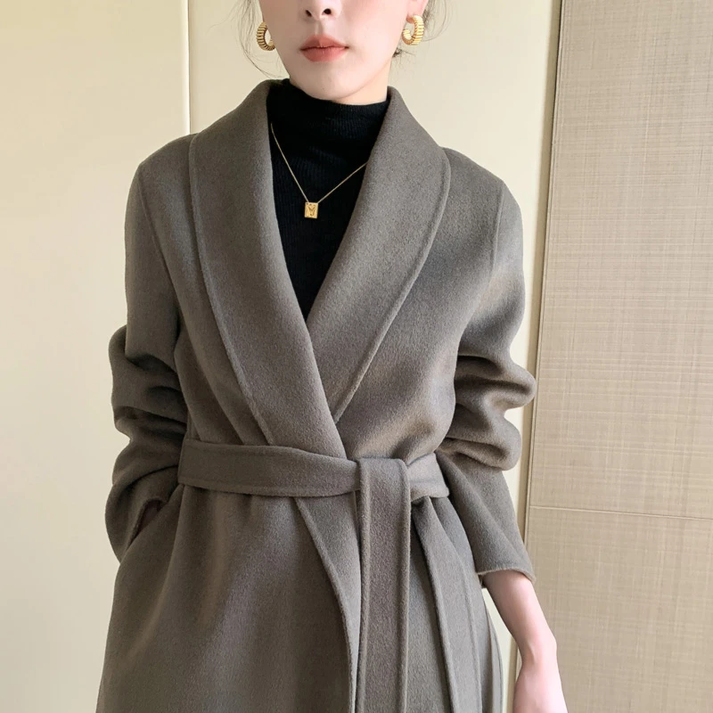 双面100羊毛大衣外套冬季百搭中长款双面呢双面呢红色大衣外套