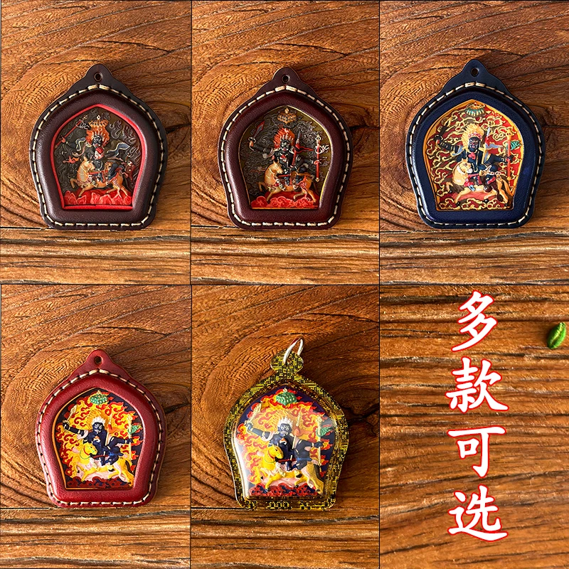 吉祥天母藏式纯手工彩绘立体唐卡擦擦可挂项链吊坠配饰车挂牛皮壳