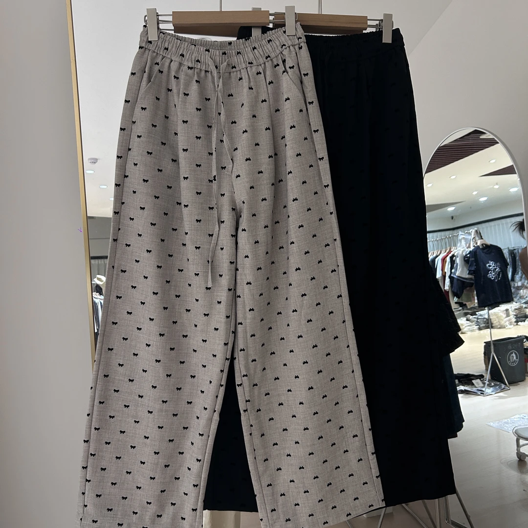 大哥36207植绒小蝴蝶结麻感秋款显瘦直筒休闲裤